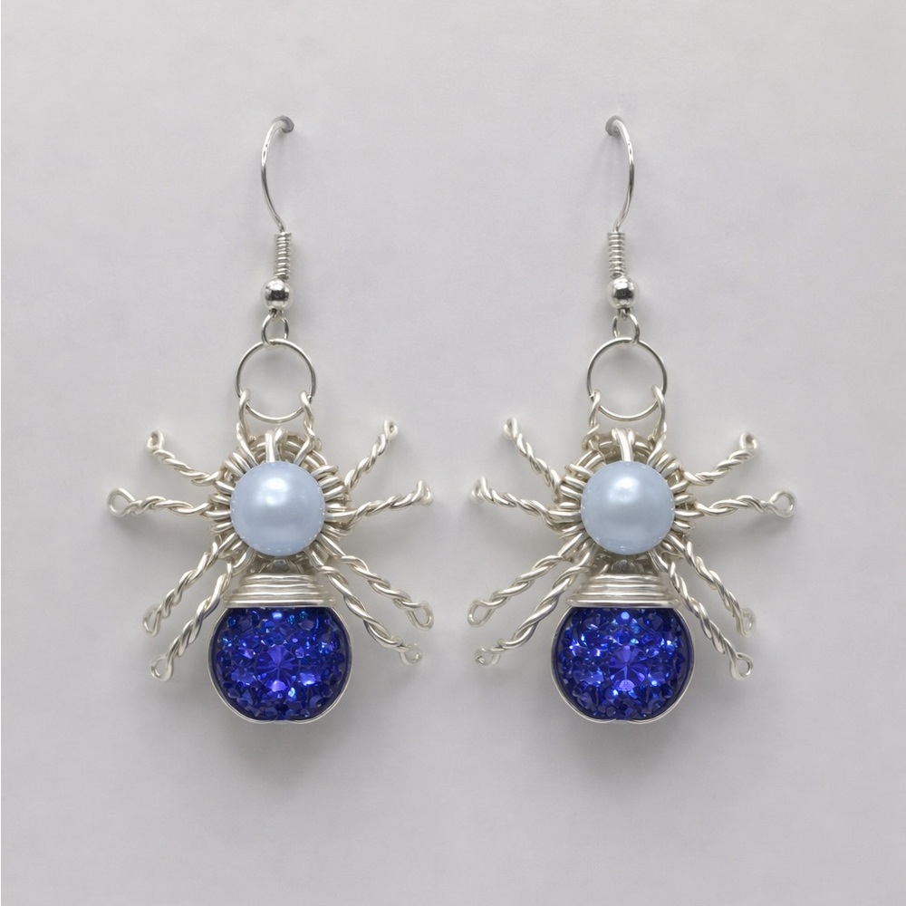 Handmade Blue Spider Wire Beaded Drop Earrings